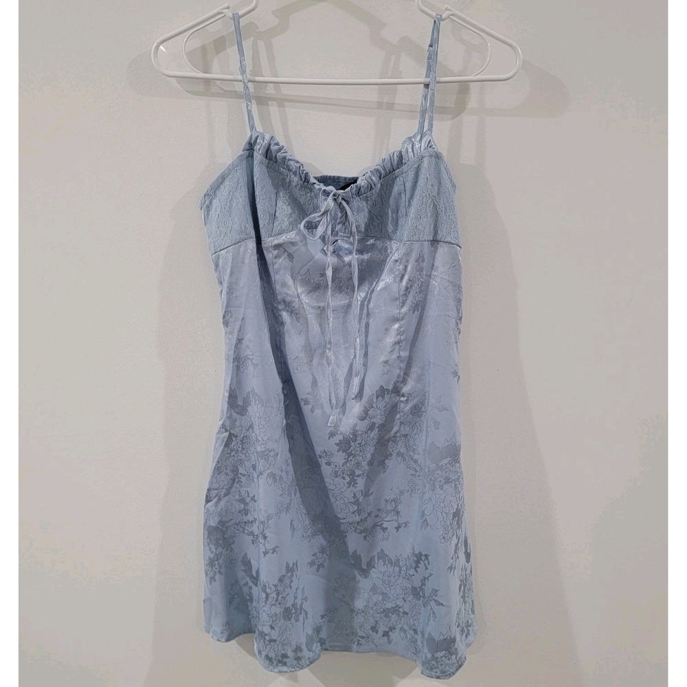Cider Womens Slip Babydoll Dress Size Medium Blue Damask Floral Satin Lace Fairy